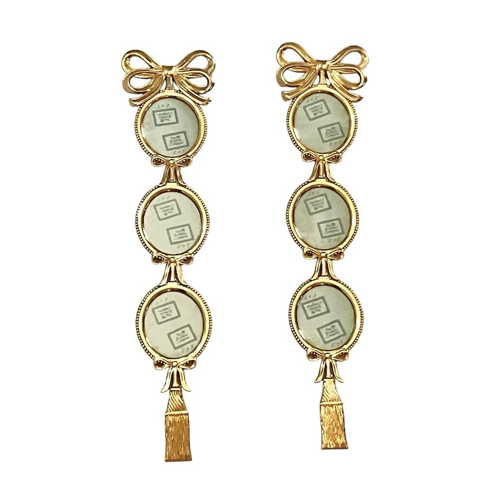 Vtg 3 Tier Oval Picture Frame set of 2 Hanging Gold Brass Bow Tassel - BOMBAY CO